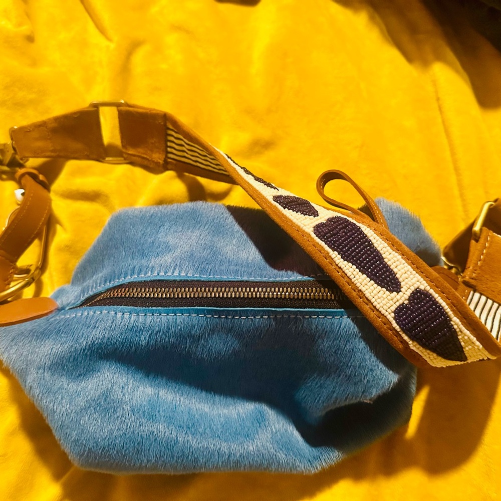 Parker Thatch Plush Blue Faux-Fur Maurice Hobo Bag with Patterned Strap - NWOT